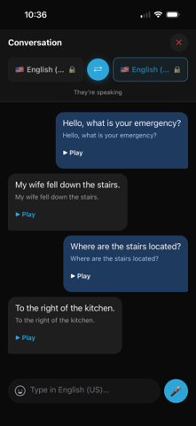 A Just Talk! Live Chat conversation on a phone: “Hello, what is your emergency?”, “My wife fell down the stairs.”, “Where are the stairs located?”, “To the right of the kitchen.” — each with a Play button