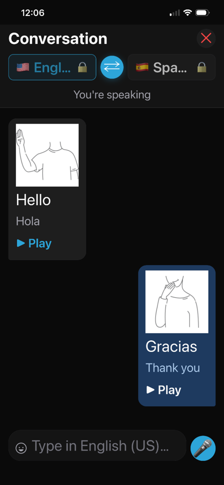 A conversation showing animated ASL sign stickers that play