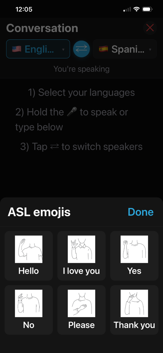 ASL sign emoji picker with English labels: Hello, I love you, Yes, No, Please, Thank you