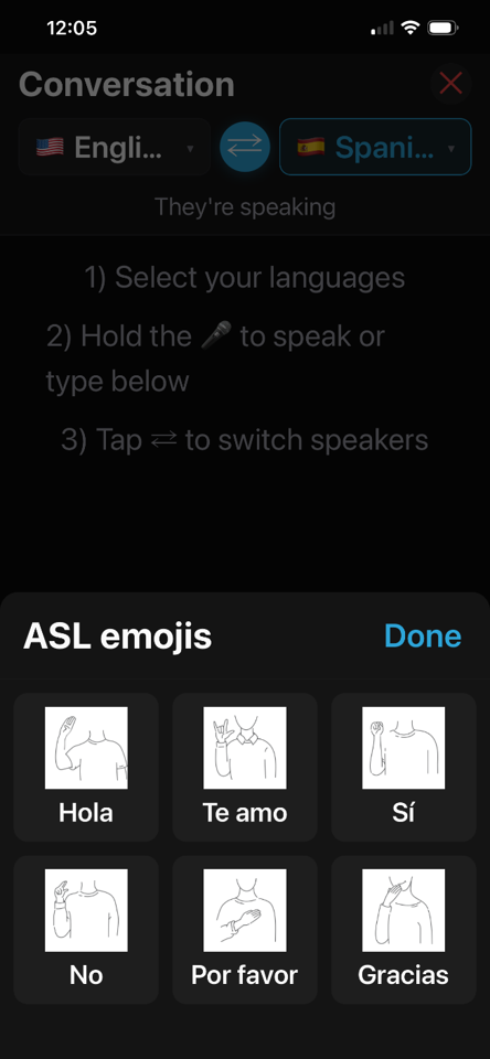 ASL sign emoji picker with Spanish labels