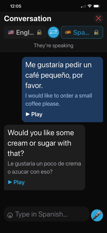 Translated conversation bubbles with captions and Play buttons