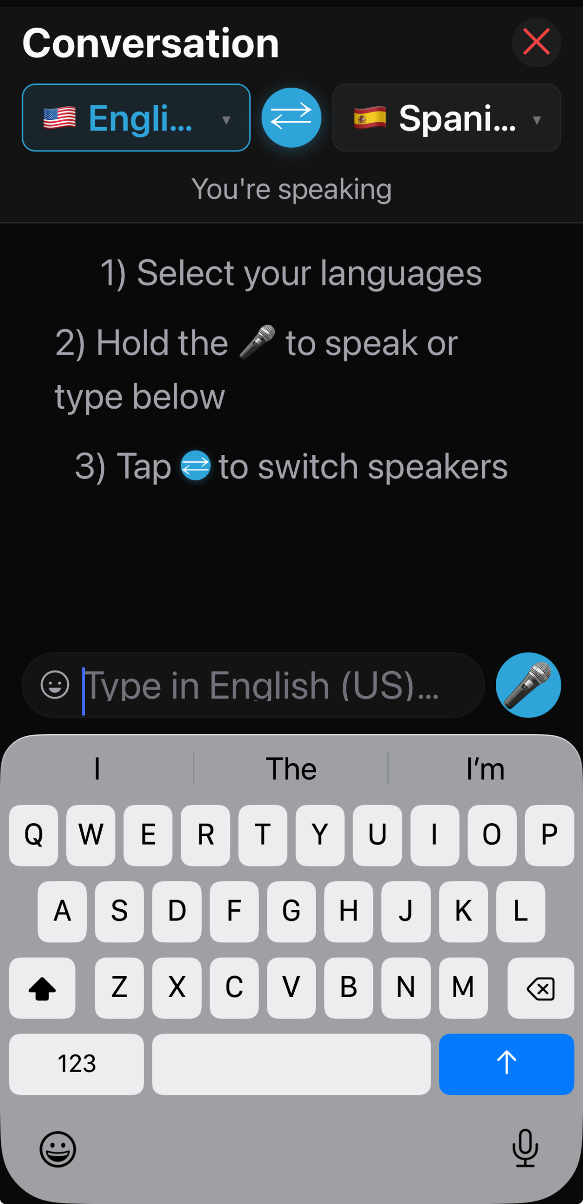 The full on-screen keyboard open in a conversation