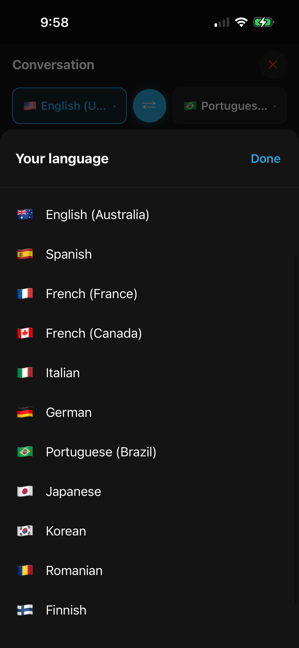 Language picker listing English, Spanish, French, German and more