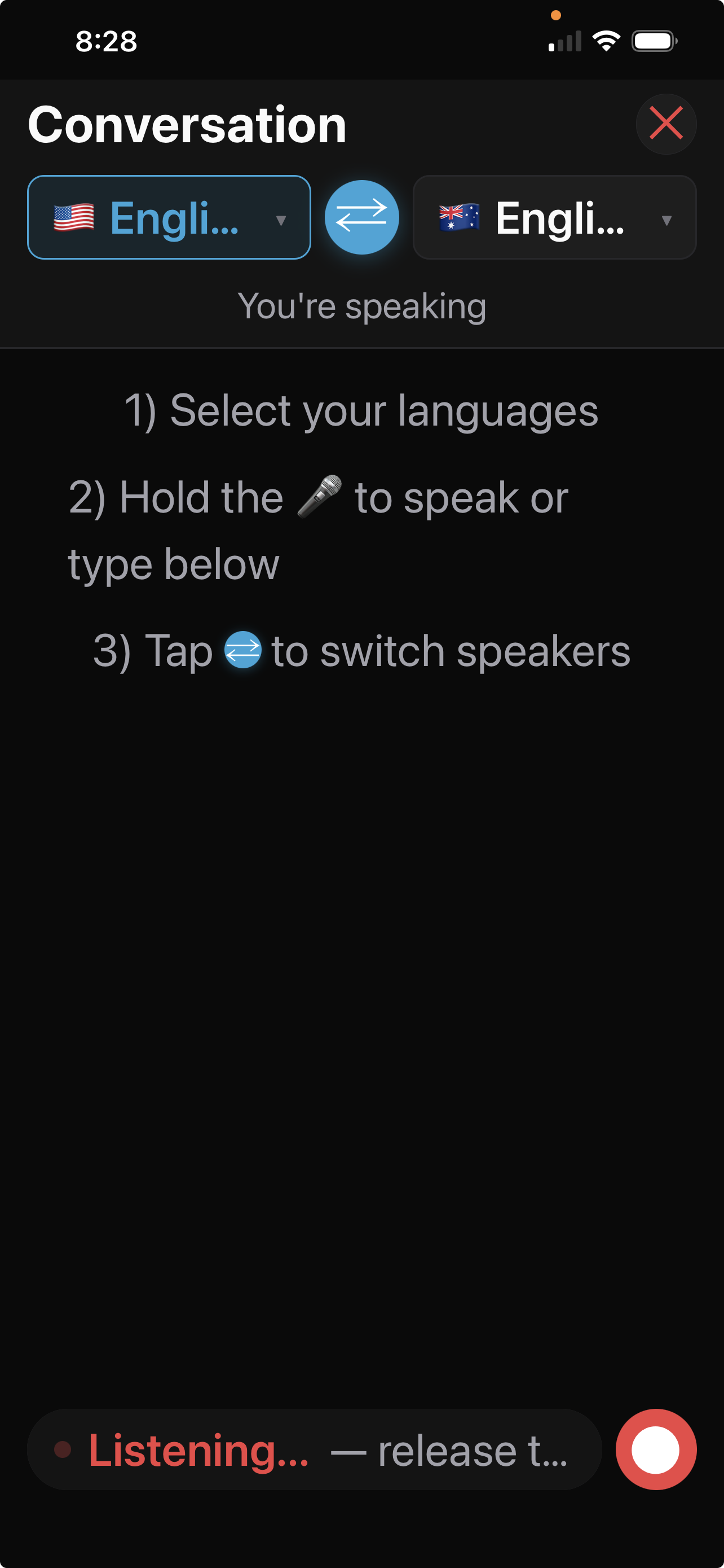 Conversation screen showing a Listening state while holding the mic