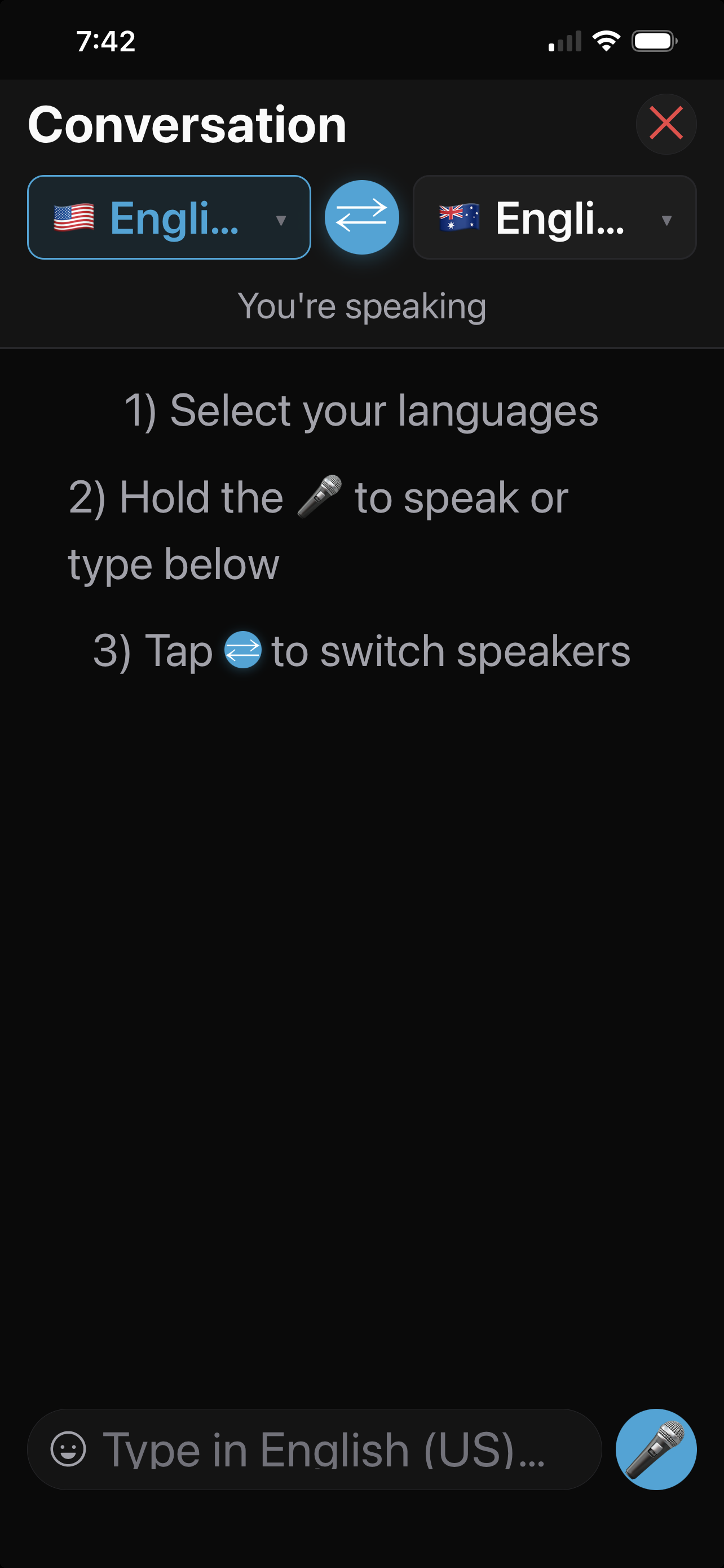 On-screen instructions: select languages, hold to speak, tap to switch